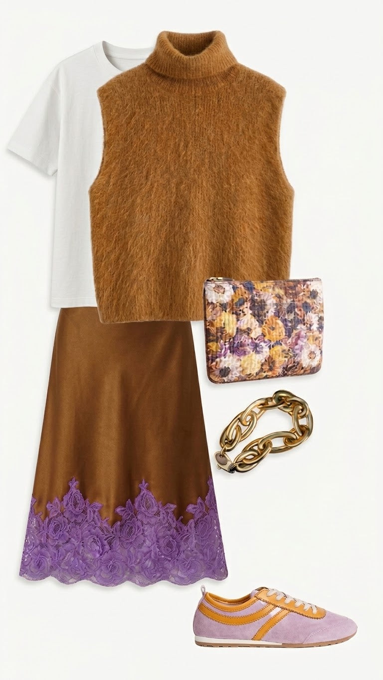 Silk midi skirt w/ French Lace