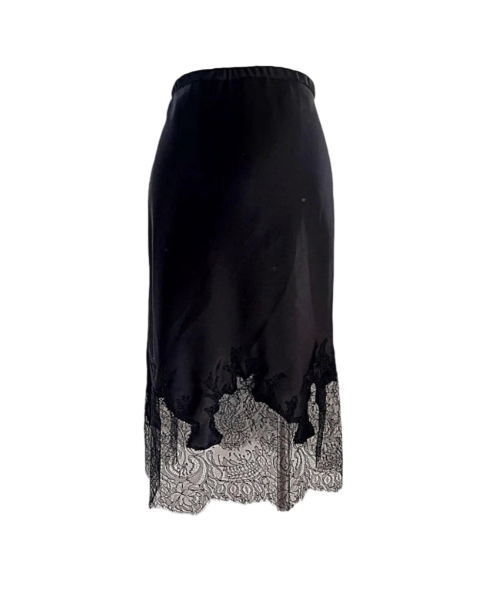 Silk skirt trimmed with Chantilly lace Black