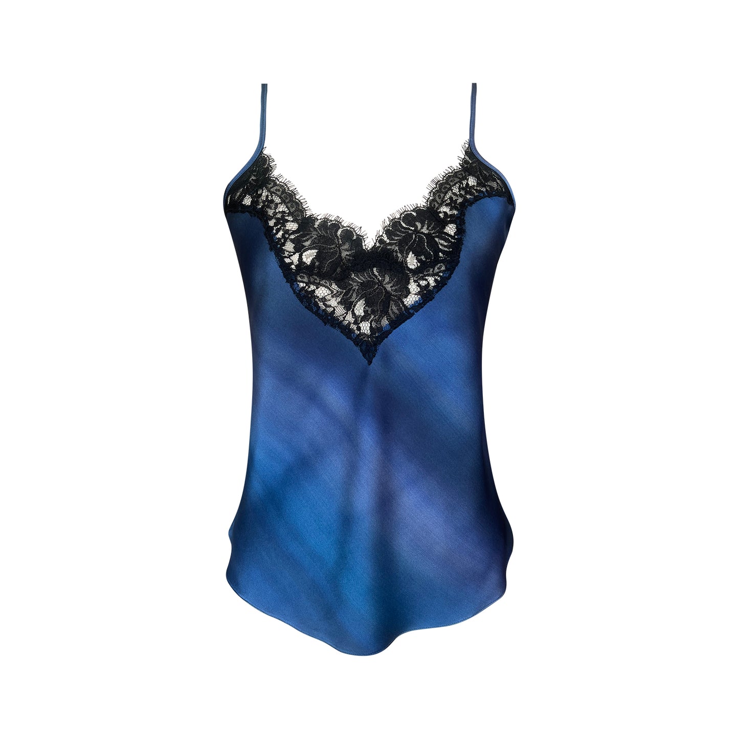 Silk camisole w/ scalloped French lace - Hand-painted blues