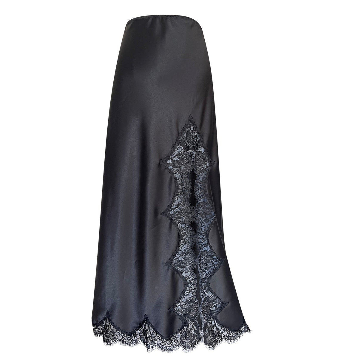 Black silk satin skirt with lace trim