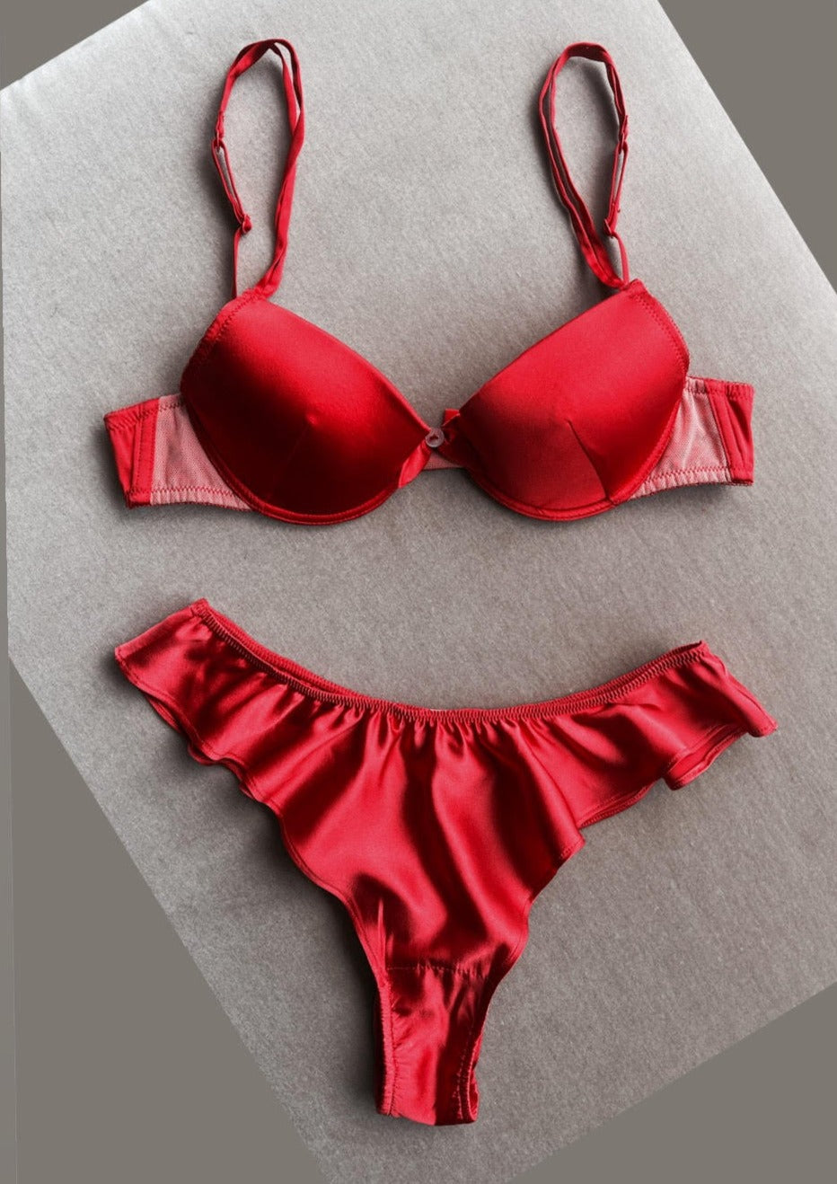red silk lingerie set. handcrafted from quality fabrications