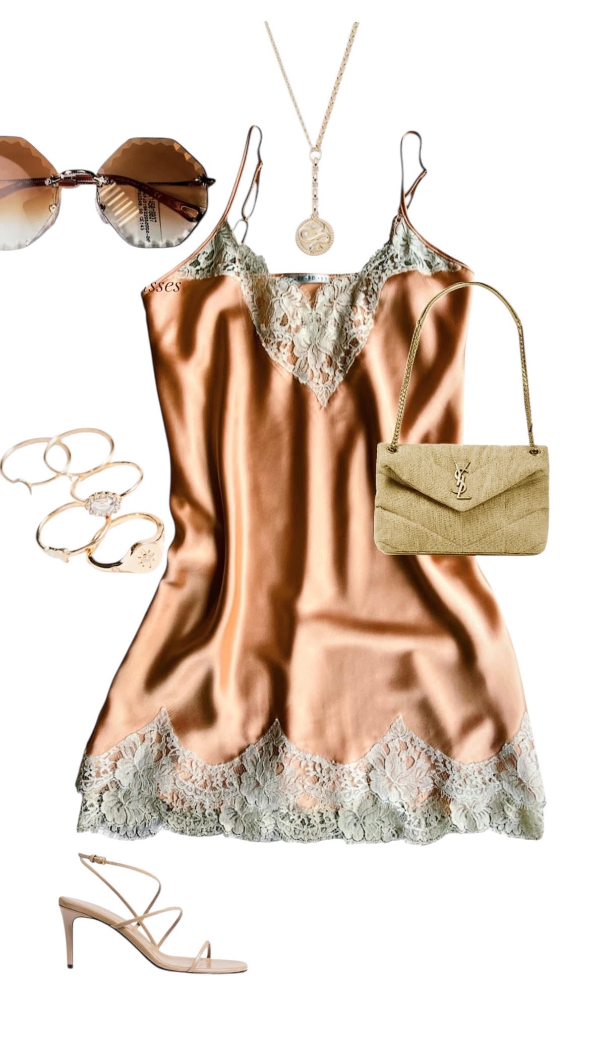 Double-Layer Silk Dress w/ French Lace Trims