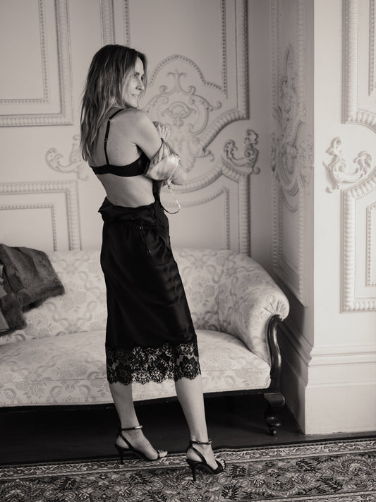 Black silk midi w/ French lace