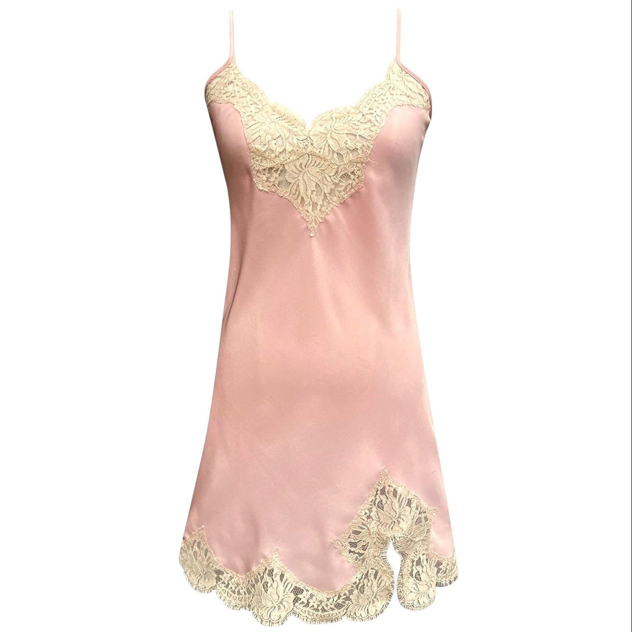 Pink slip dress with french lace trim on neckline and hem