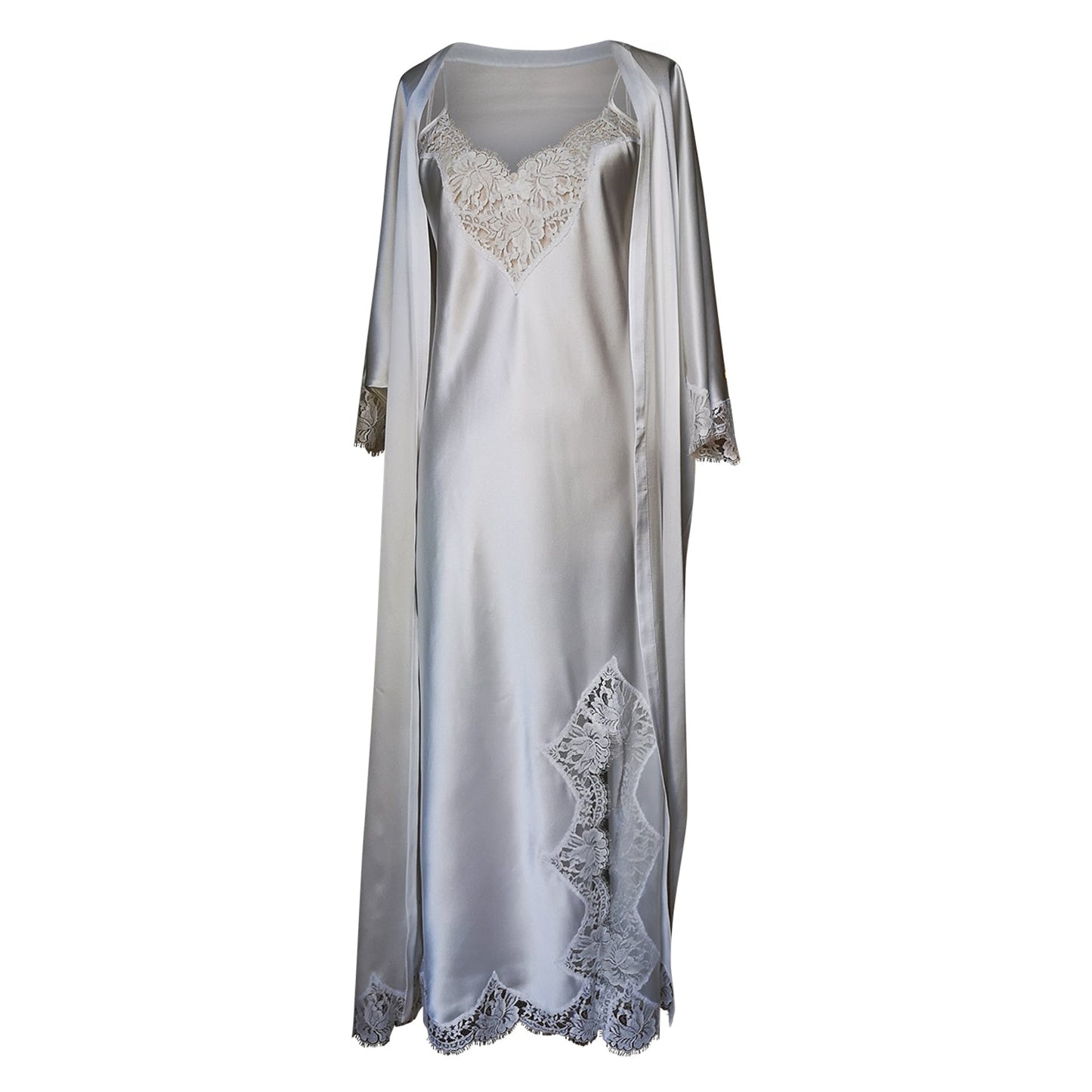 Long bias silk slip w/ French lace front split