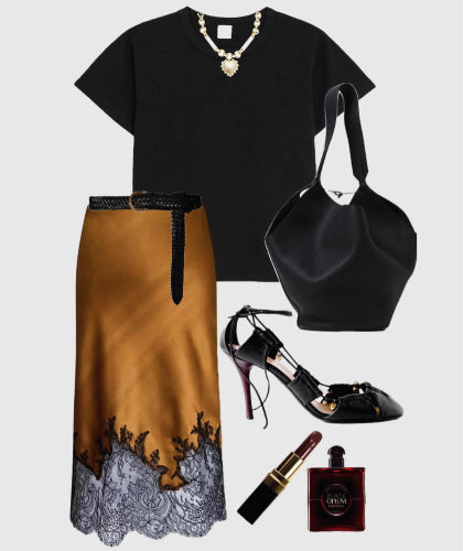 Silk skirt trimmed with Chantilly lace - Black