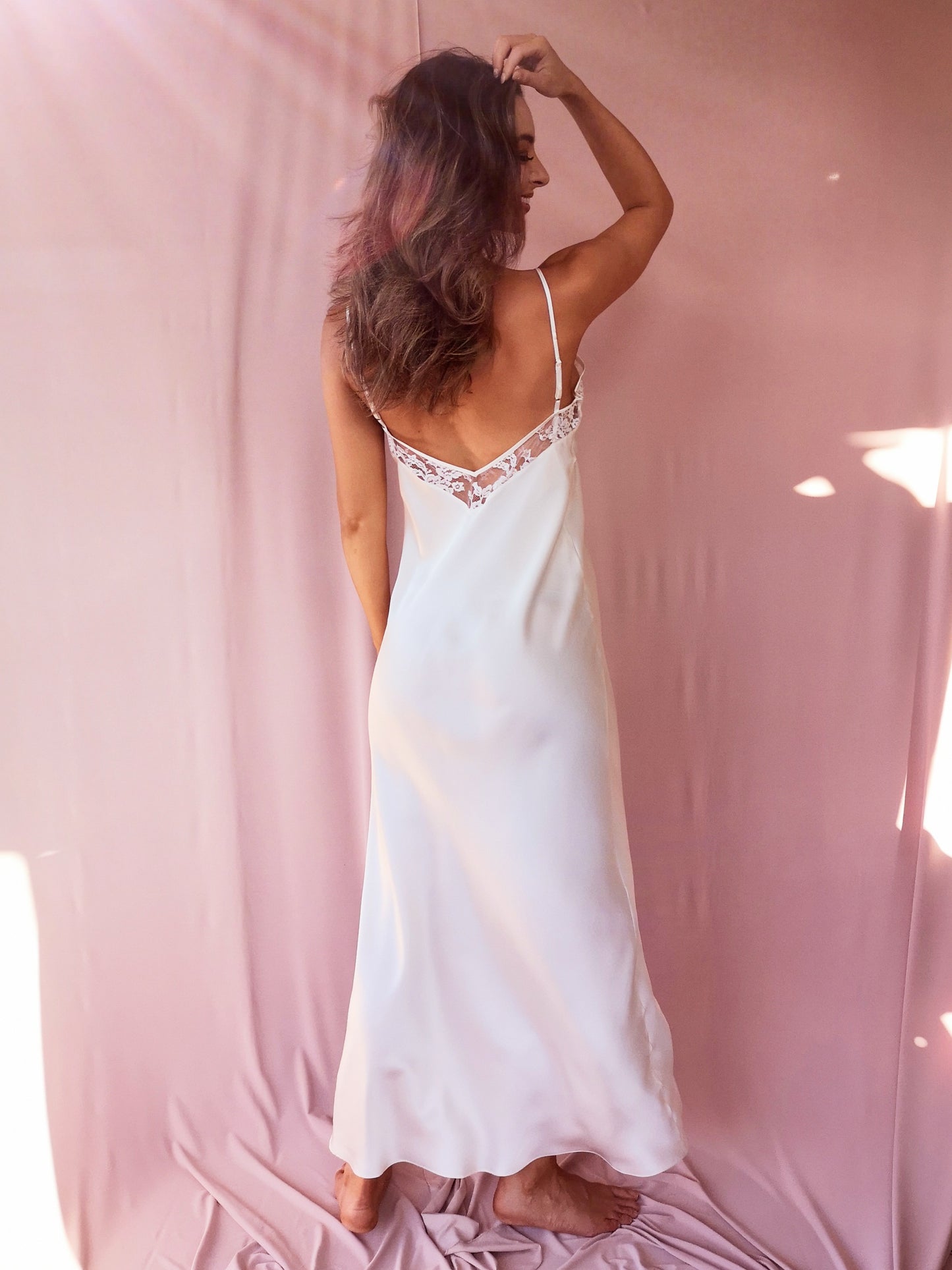 Ankle-length Backless Silk Slip with French Lace