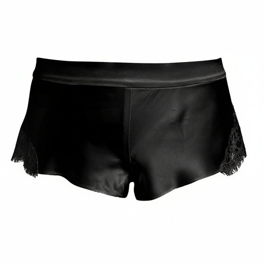Black bias cut silk shorts with lace trim