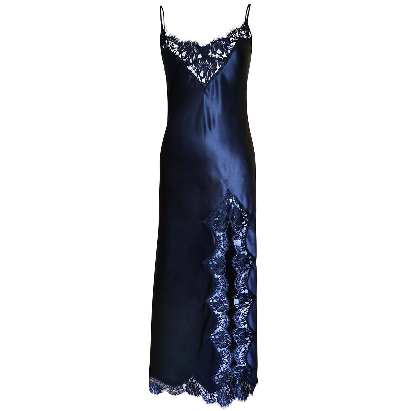 Long Silk Slip w/ Scalloped French Lace - Black