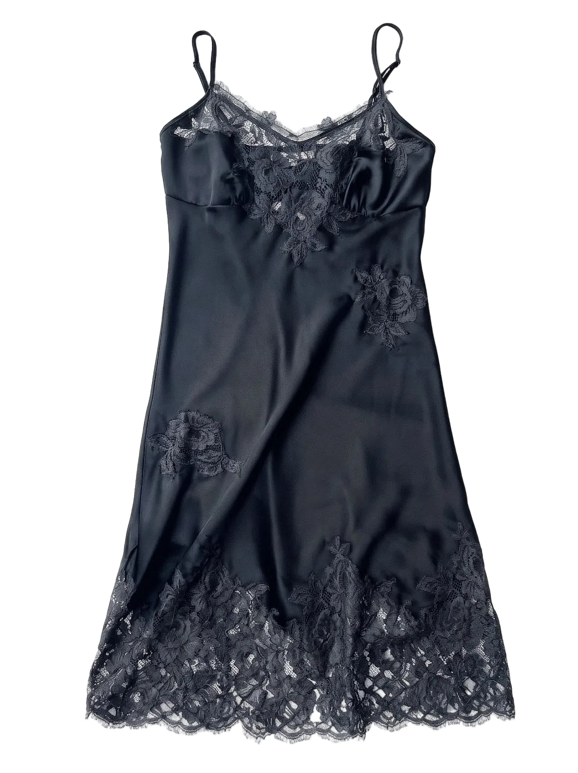 Black silk dress with french lace hem, bust and appliqued flowers