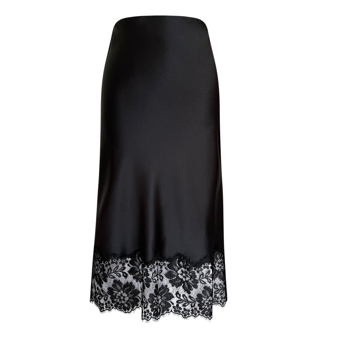 Elegant black silk midi skirt with elastic waist and black French lace detailing at the hem.