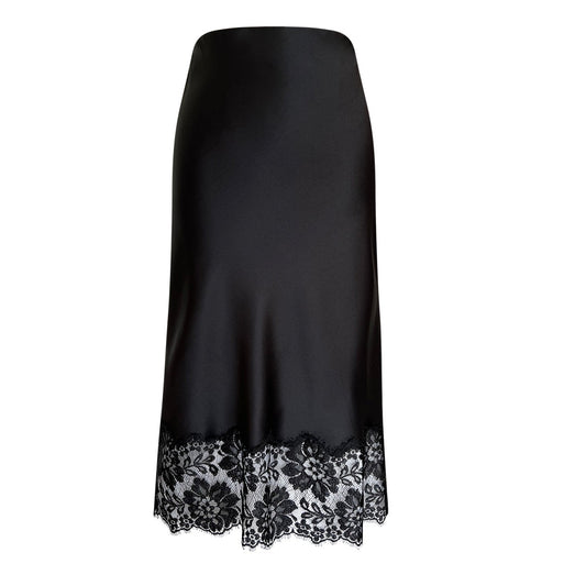 Elegant black silk midi skirt with elastic waist and black French lace detailing at the hem.