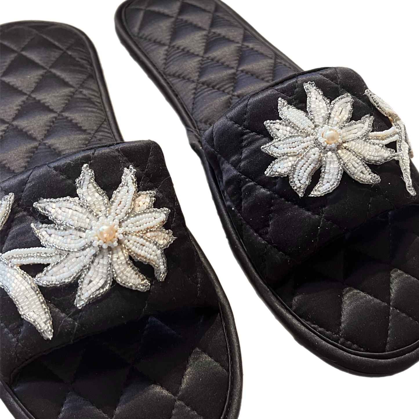 quilted silk slipper with appliqued beaded flower on each shoe, Slip on