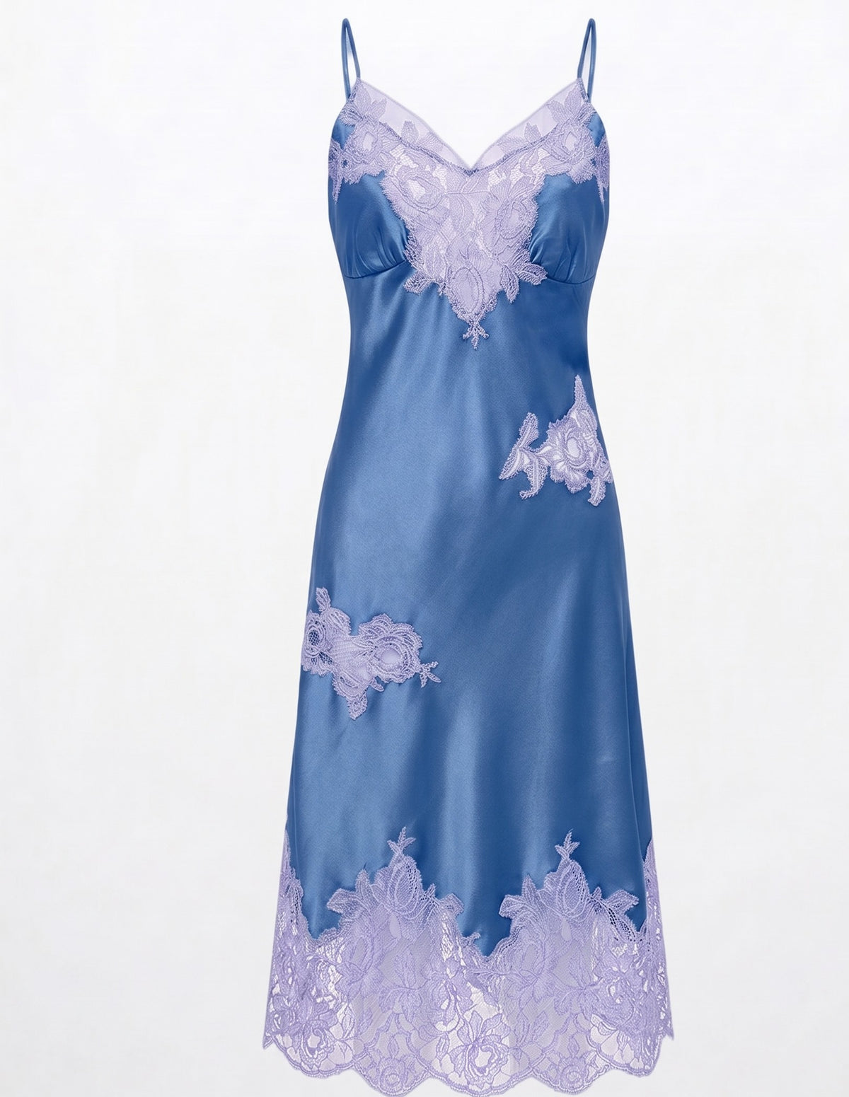 Silk-satin lace-trimmed midi dress Blue