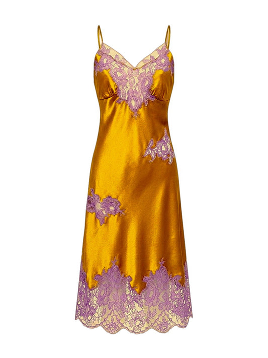 Silk-satin lace-trimmed midi dress