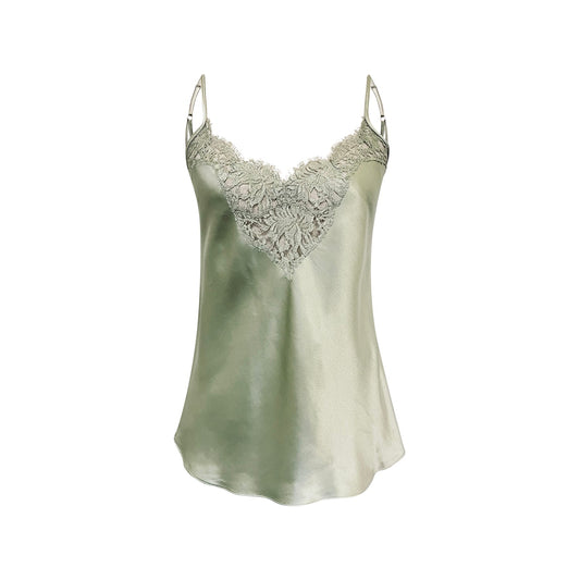SALE Moss Silk Camisole with Scalloped French Lace