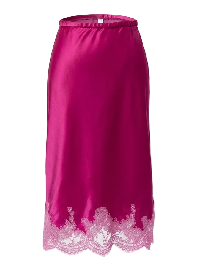 Pink silk satin skirt with lace hem 