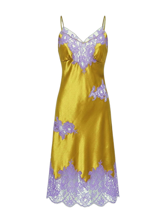 Yellow silk dress with purple lace details