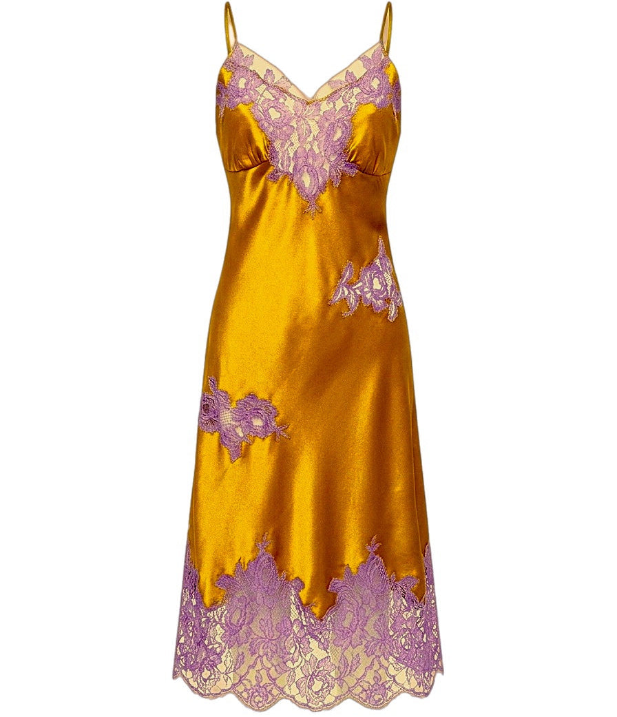 Gold satin slip dress with purple lace details