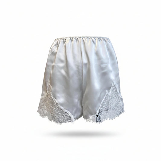 white silk short with lace trim