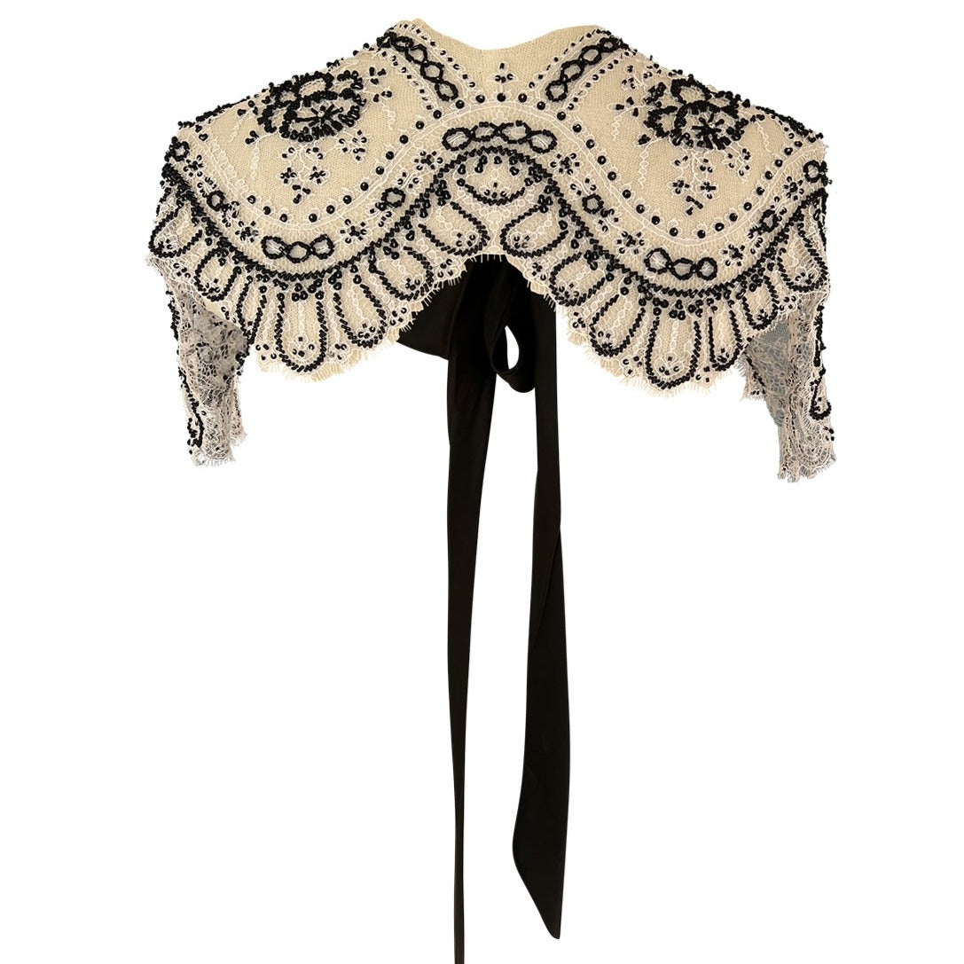 Lace beaded cape with black silk ribbon