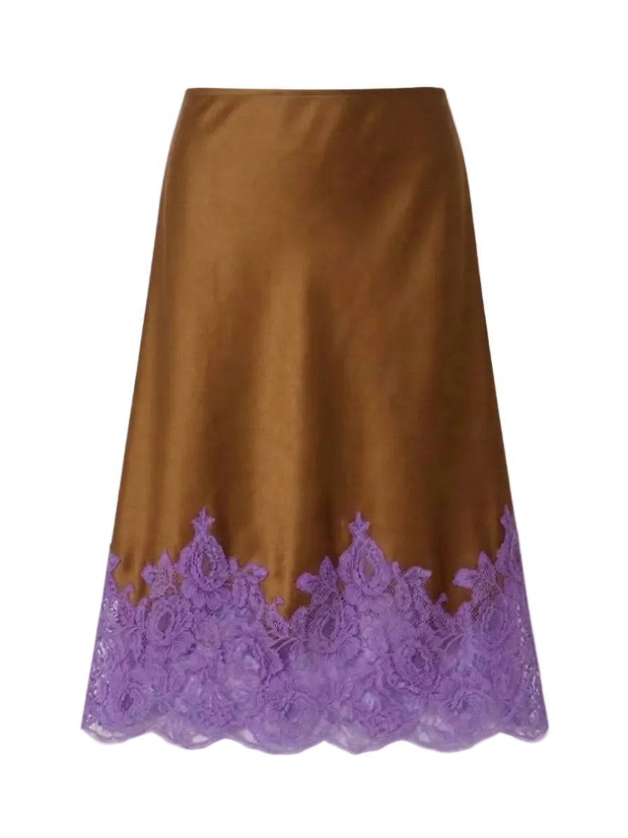 A brown Silk Satin skirt featuring a purple lace floral border along the hem, 