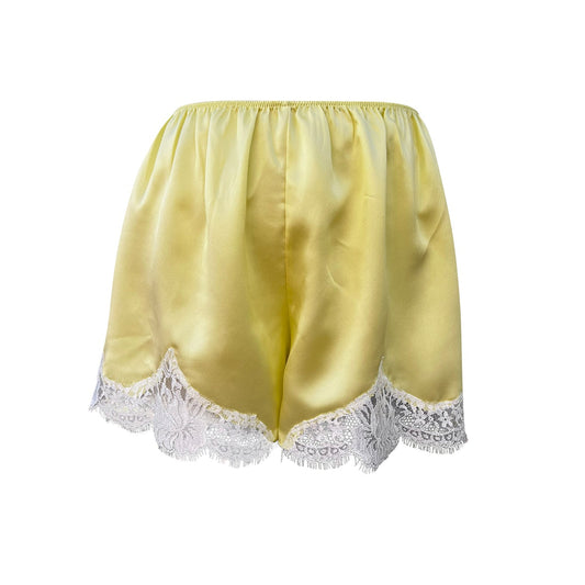 lime yellow silk shorts with lace trim