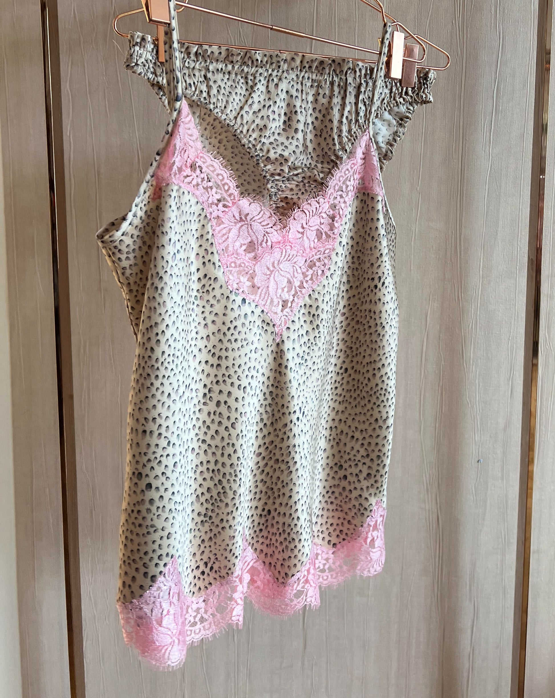 Animal Print silk camisole adorned with pink french lace. made in australia