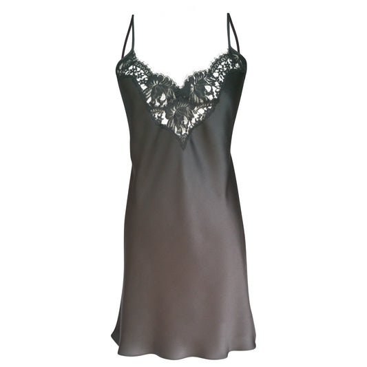 Most popular silk slip in black with french lace around the neckline