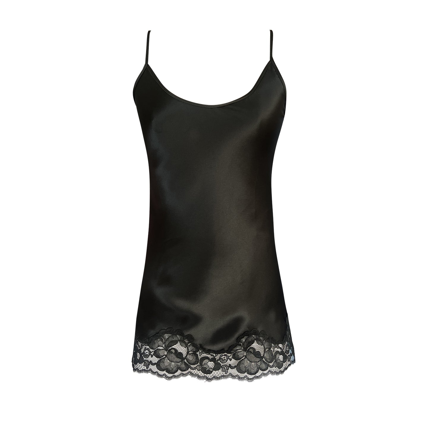 Black silk camisole w/ lace hem