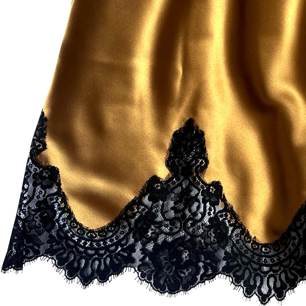 Gold silk skirt with black lace trim