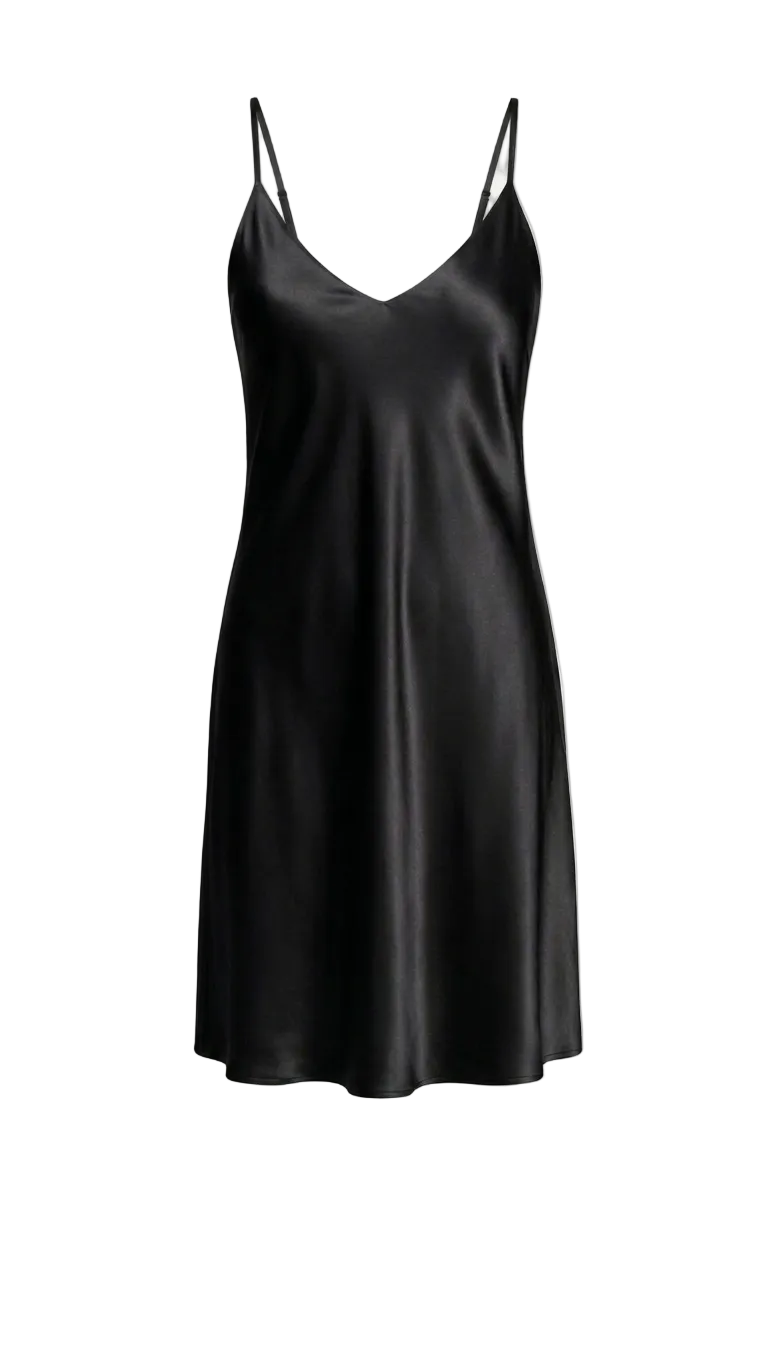 A black satin slip dress with thin spaghetti straps and a V-neckline, displayed on a clean white background.
