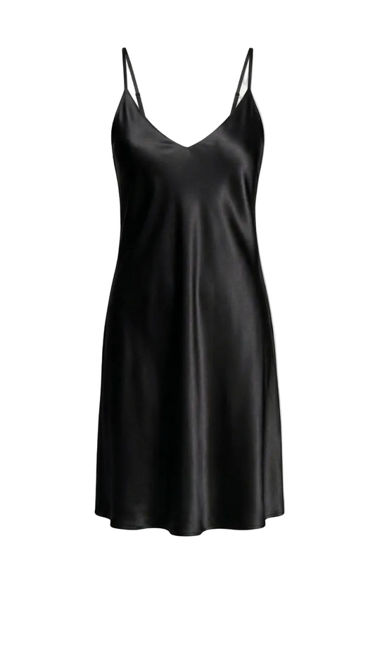 A black satin slip dress with thin spaghetti straps and a V-neckline, displayed on a clean white background.
