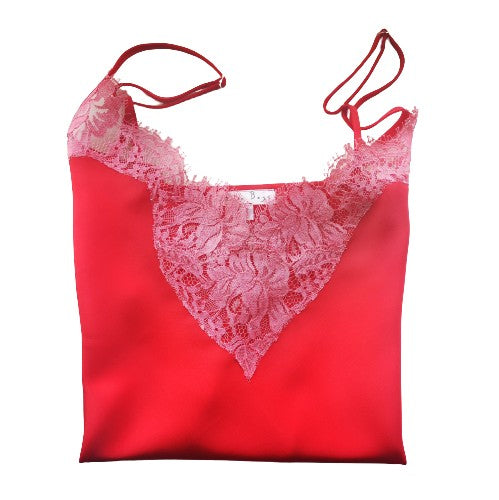 Red silk crepe de chine camisole w/ pink French lace