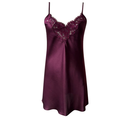 plum  silk slip with french lace bust trim. Australian Made 