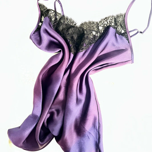 Purple hand-painted silk camisole with black lace. Ethically made in Australia at Natalie Begg Atelier