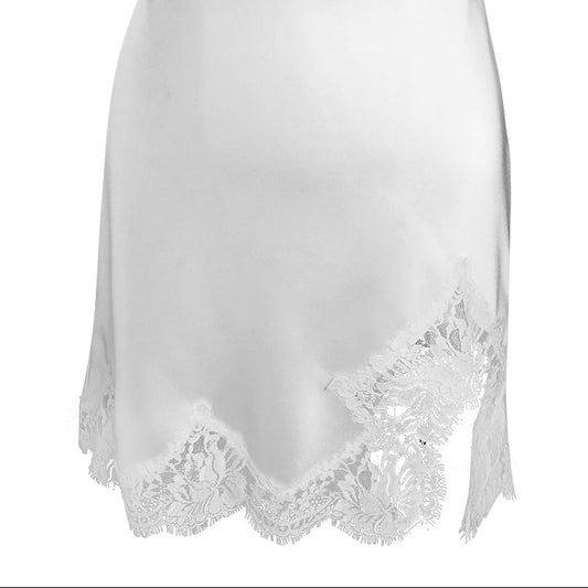 ivory silk half slip with lace-trim and front side split.