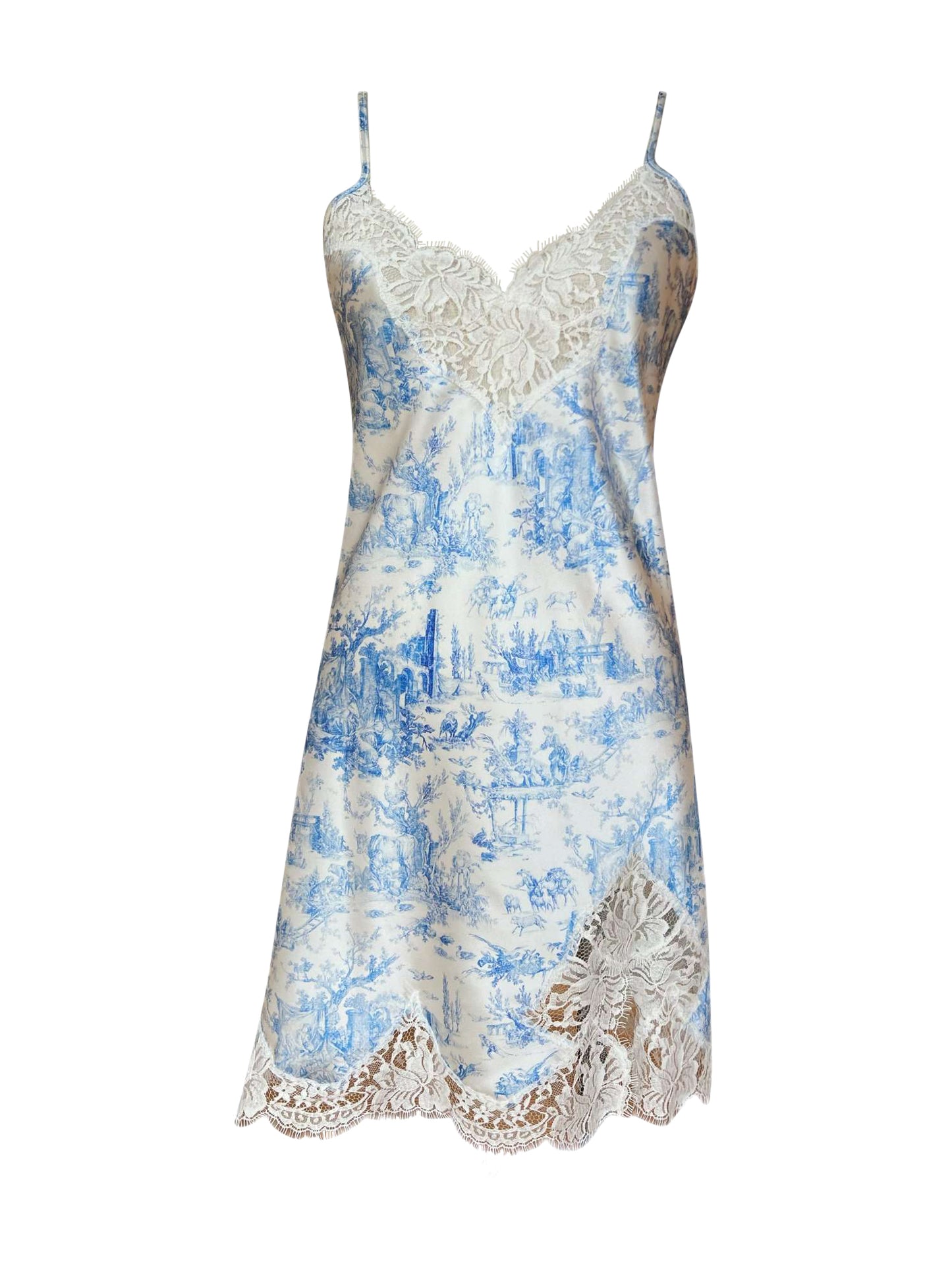 Toile de jouy Silk Slip with Scalloped French Lace