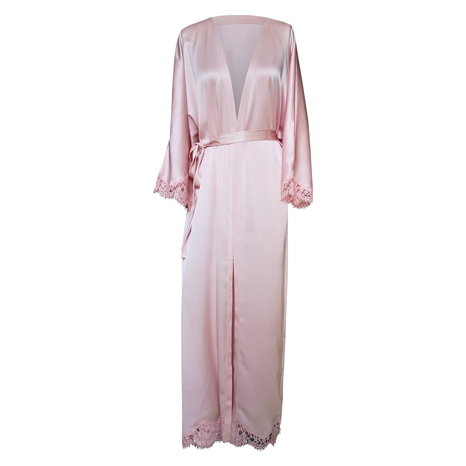 SILK ROBE IN PALE PINK WITH FRENCH LACE HEMS