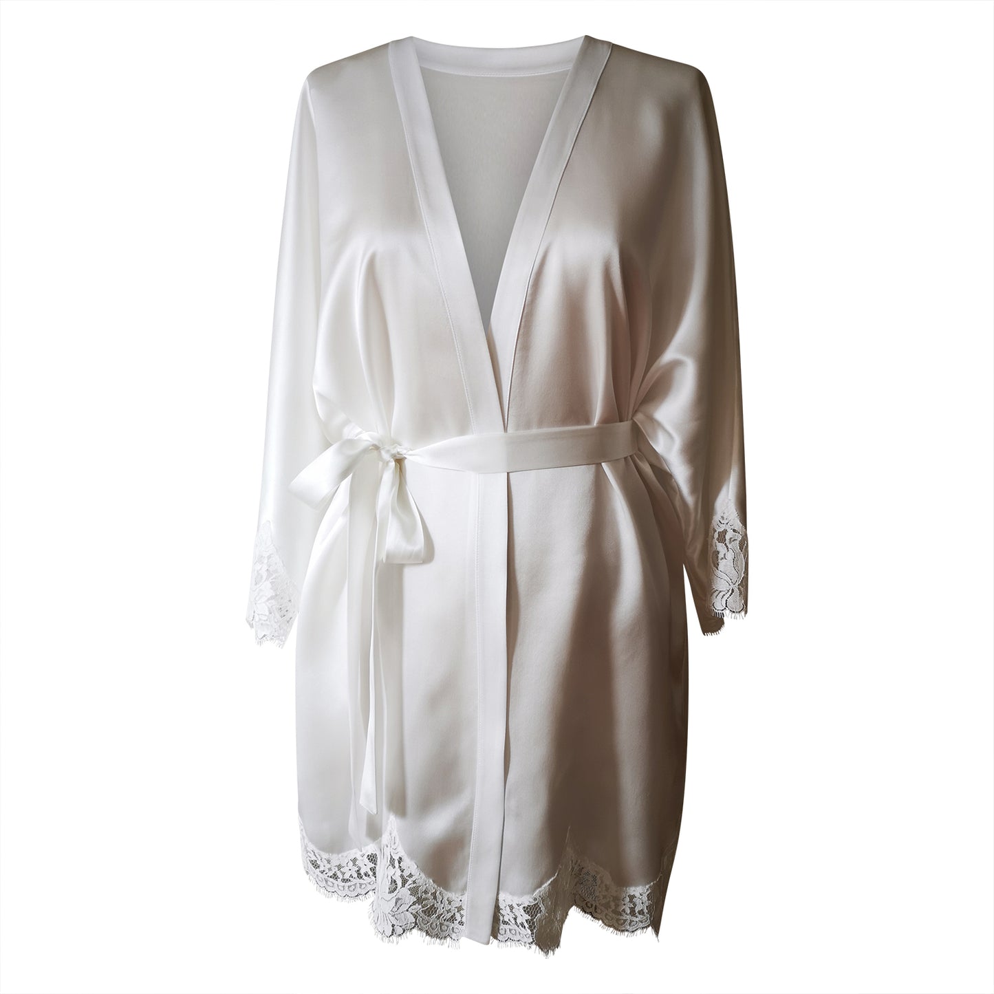 Mini Magyar Sleeve Silk Robe w/ French Lace Sleeve Hem - Ivory