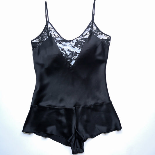 Black Silk Playsuit with French Lace