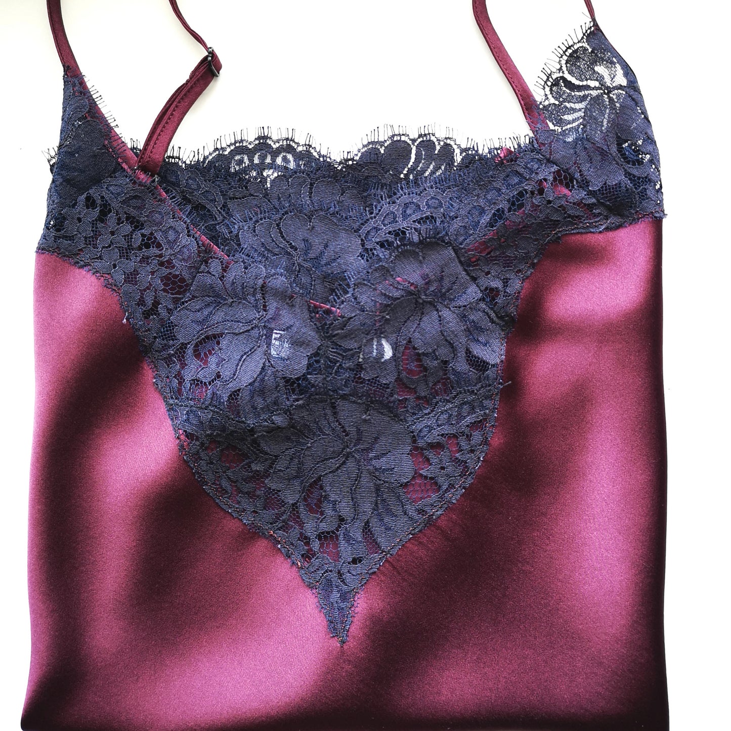 Plum Bias Silk Camisole with Scalloped French Lace Neckline