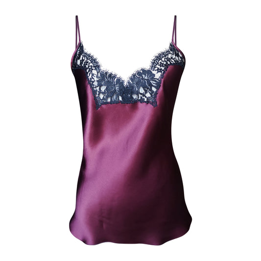 Plum silk camisole with scalloped French lace - Large Only