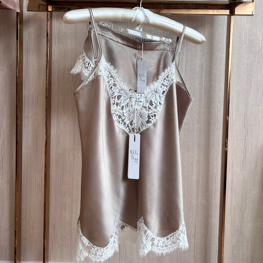 Camisole with Scalloped French lace - Taupe w/ Ivory Lace