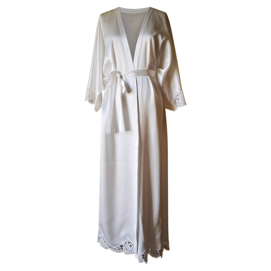 Ankle Length Silk Robe w/ French Lace Sleeve Cuff Ivory