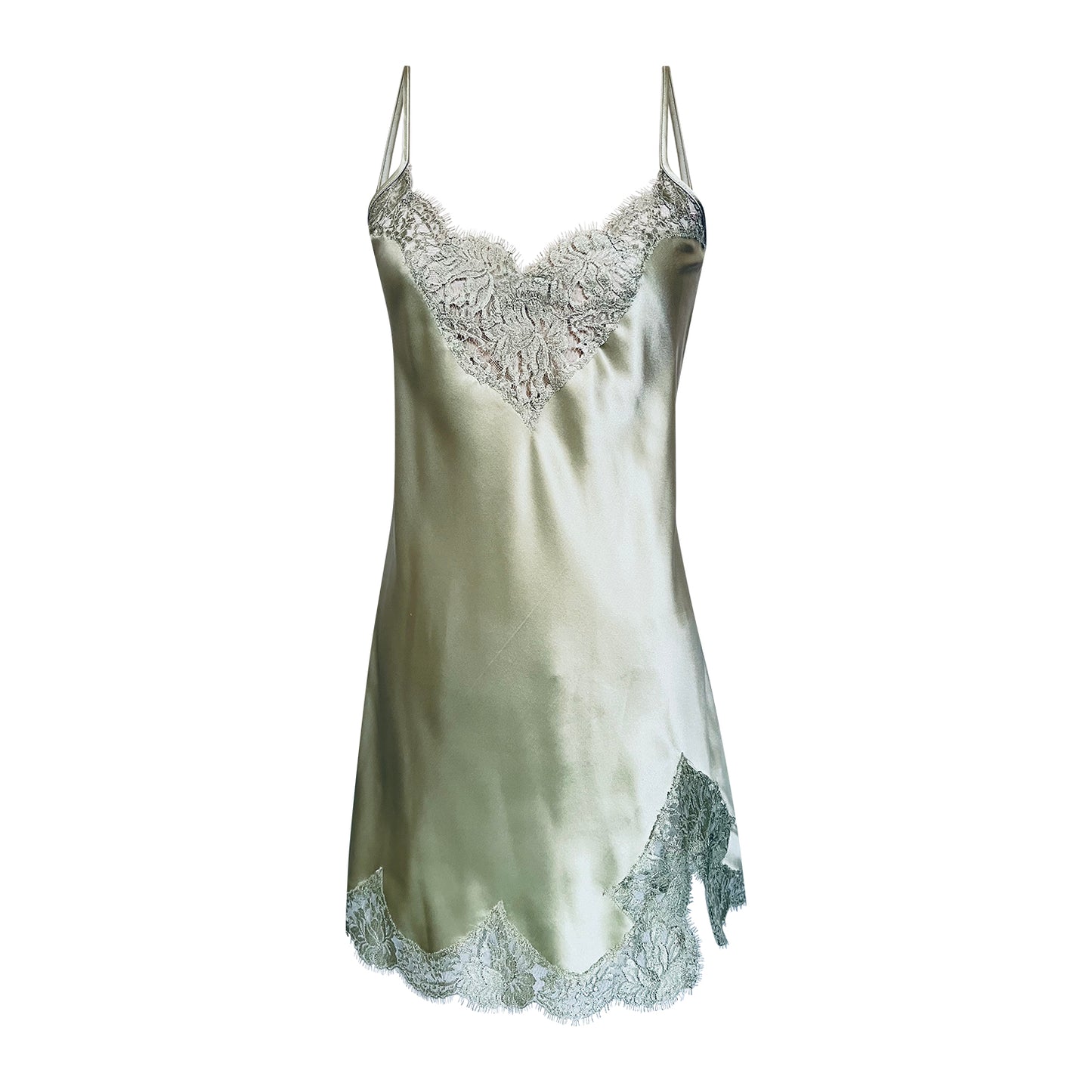 Silk Slip with Scalloped French Lace - Moss