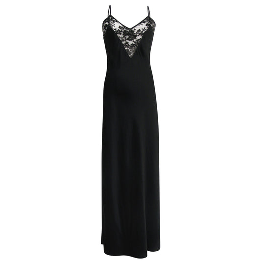 Ankle-length Backless Silk Slip with French Lace Black