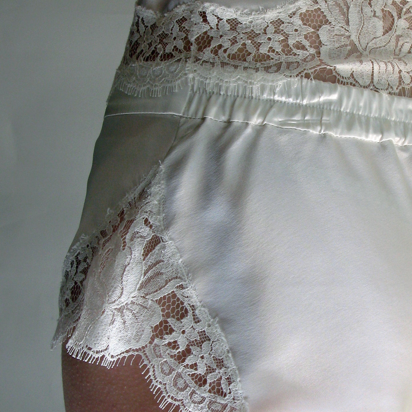Taupe silk French knickers w/ Ivory French lace