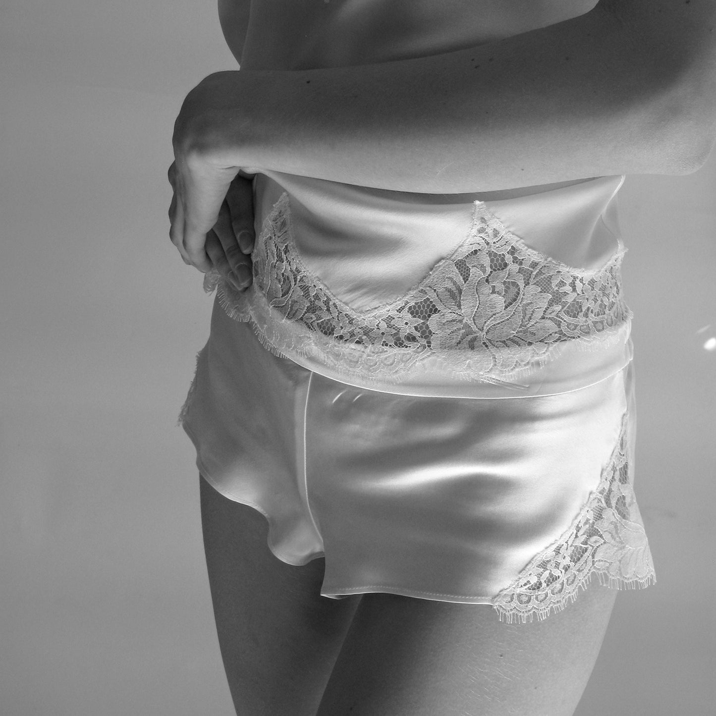 Taupe silk French knickers w/ Ivory French lace
